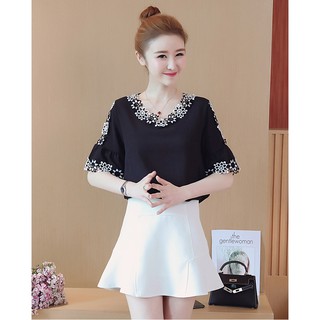 Áo sơ mi công sở tay ngắn phối ren hoa