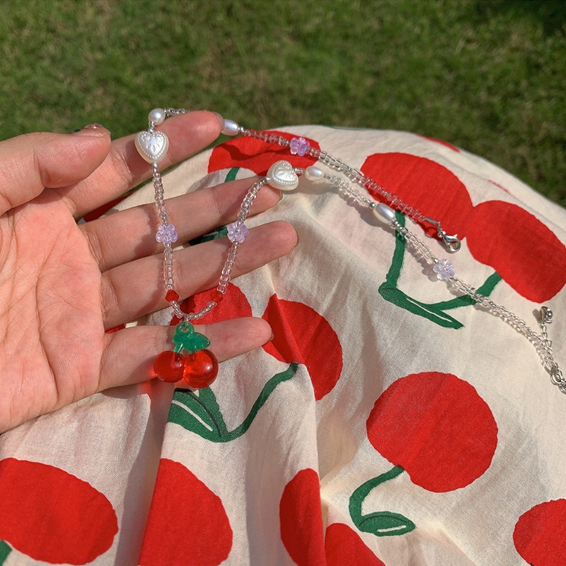 Vòng cổ Mặt Hình Trái Cherry Đính Ngọc Trai Đơn Giản Phong Cách Retro Pháp