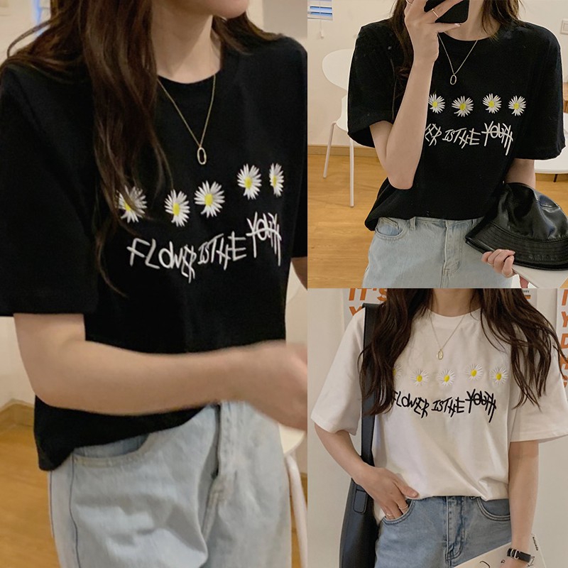 [Baywellfashion]Women Summer Crew Neck College Wind Short Sleeve Floral Daisy Print Loose T-Shirt | BigBuy360 - bigbuy360.vn