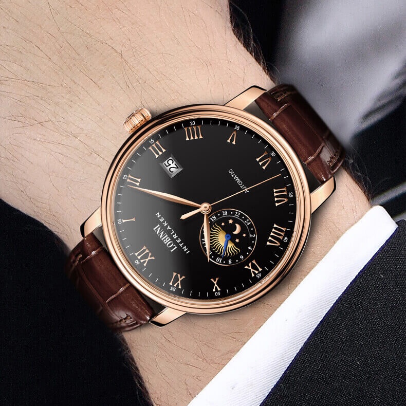 Đồng Hồ Nam LOBINNI No.12032-1 Chính Hãng BH 24T Chịu Nước 50m Kính Chống Xước Dây Da Cao Cấp (Máy Cơ Tự Động)
