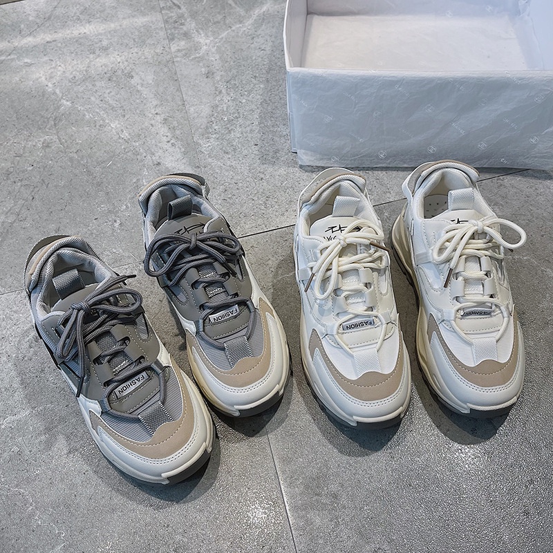 Giày Thể Thao Nữ Ulzzang Vintage, Giày Vải Cao Cấp Đế Độn 5cm, 2 Màu Xám/Kem, Hàn Quốc Street Style - Iclassy_shoes