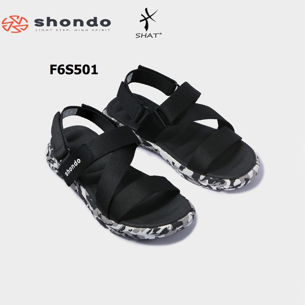 Giày sandal Shondo nam nữ đi học F6 đế bằng camo đen full F6S501