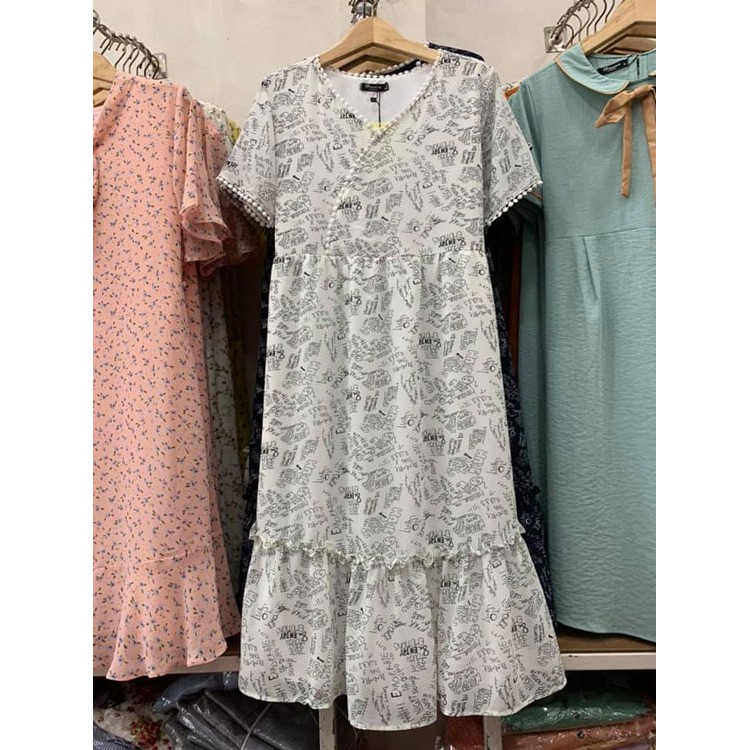 [HANNA] Đầm bầu công sở voan mát mùa hè dài qua gối  có size 40-80kg vải 2 lớp mềm mát không nhăn có túi bên sườn