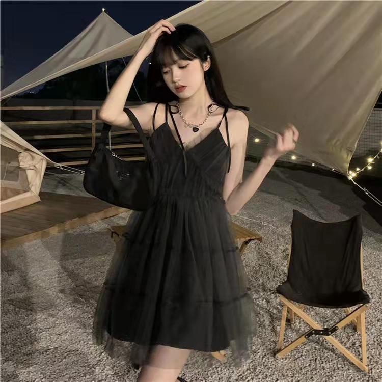 Đầm Hai Dây Dáng Chữ A Phối Lưới Màu Đen Phong Cách Pháp Thời Trang Mùa Hè Quyến Rũ Cho Nữ