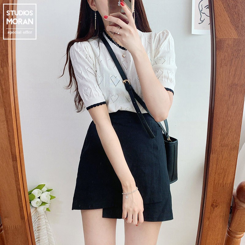 NEW (ORDER) Áo len dệt kim mỏng nhẹ mùa thu cộc tay MORAN dập lỗ hình trái tim thanh lịch (New Arrival) MÁT mẻ gợi cảm