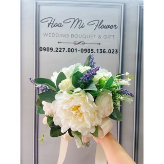 Hoa Cầm Tay Cô Dâu - Hoa Lụa Cao Cấp - Tone màu trắng tinh khôi
