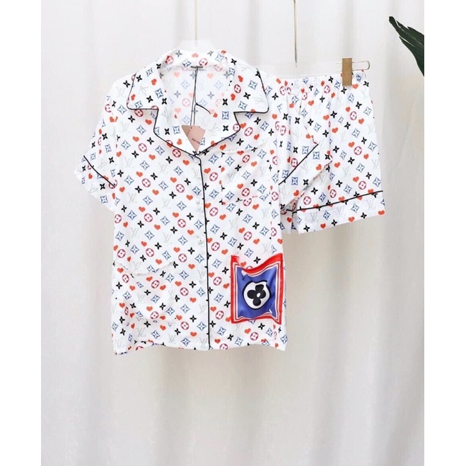 Pijama cộc đùi xanh hoa lụa