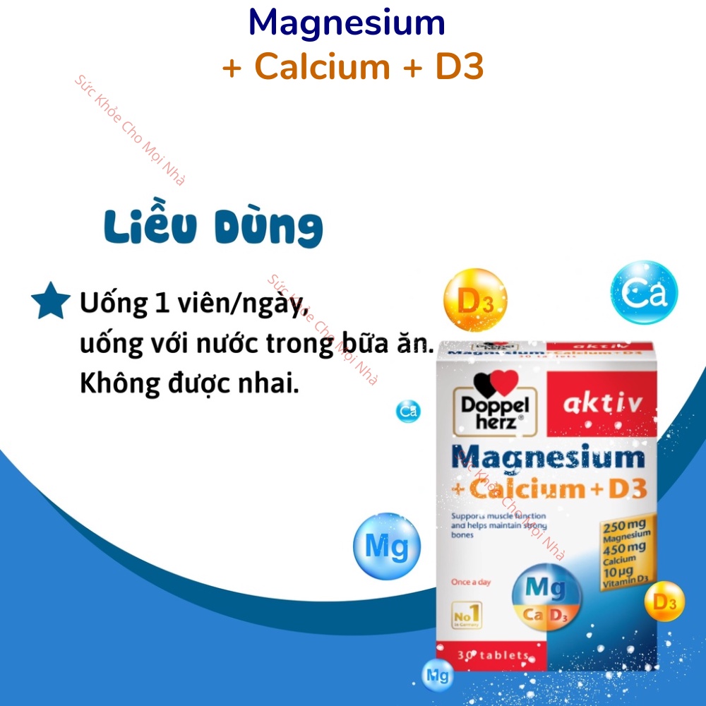 Viên uống Doppelherz Magnesium + Calcium + D3 bổ sung canxi cho cơ xương phát triển phòng ngừa loãng xương hộp 30v