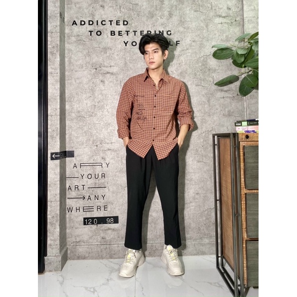 Sơ mi caro in chữ 1 túi form suông rộng Nô Store