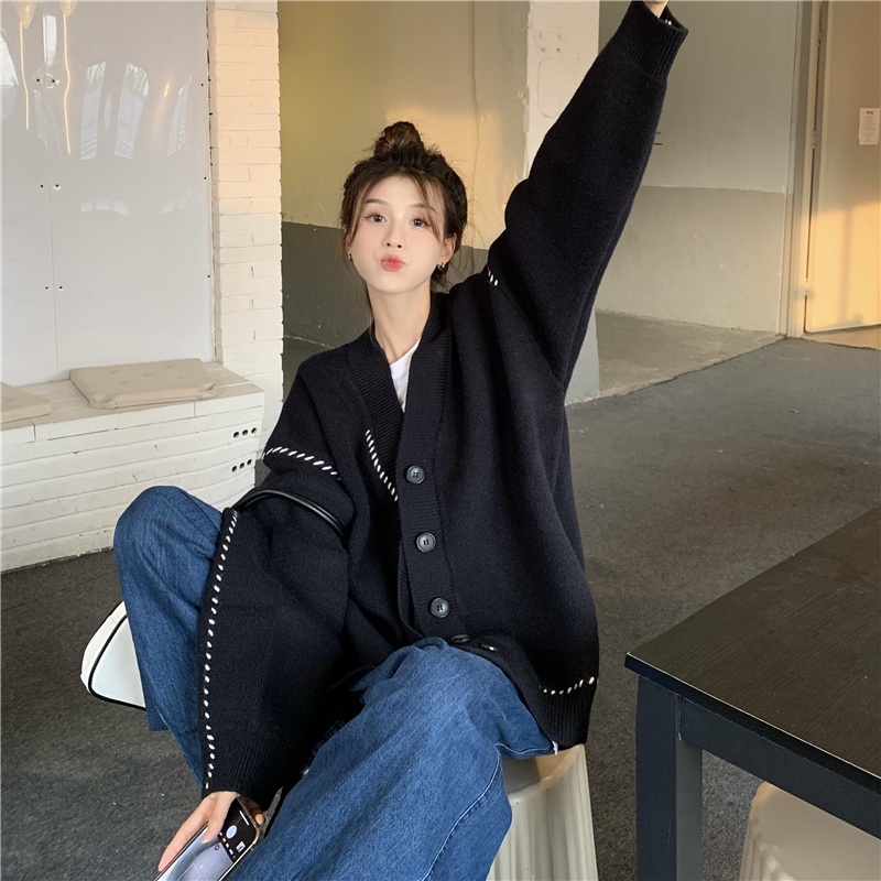 Áo khoác cardigan dệt kim dáng rộng phong cách thu đông Hàn Quốc thanh lịch cho nữ
