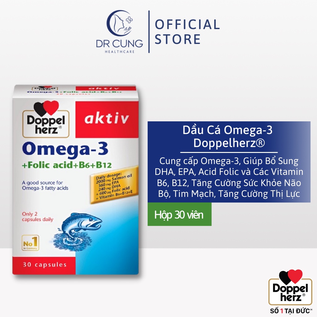Dầu Cá Omega 3 - Acid Folic, B6, B12, Bổ Não, Bổ Mắt, Tim Mạch, Doppelherz (Hộp 30 viên) [Hàng Đức Chính Hãng]