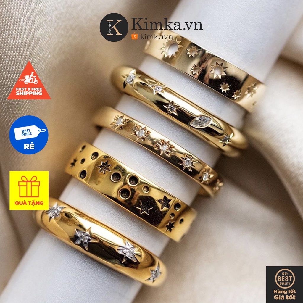 (0374) Nhẫn Kim Loại Hoạ Tiết Sao Và Đá Nhỏ Phong Cách Retro