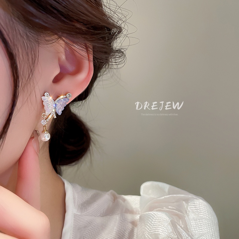 DREJEW Bông Tai Bạc Hình Bướm Đính Ngọc Trai Sang Trọng Thời Trang Phong Cách Pháp 1