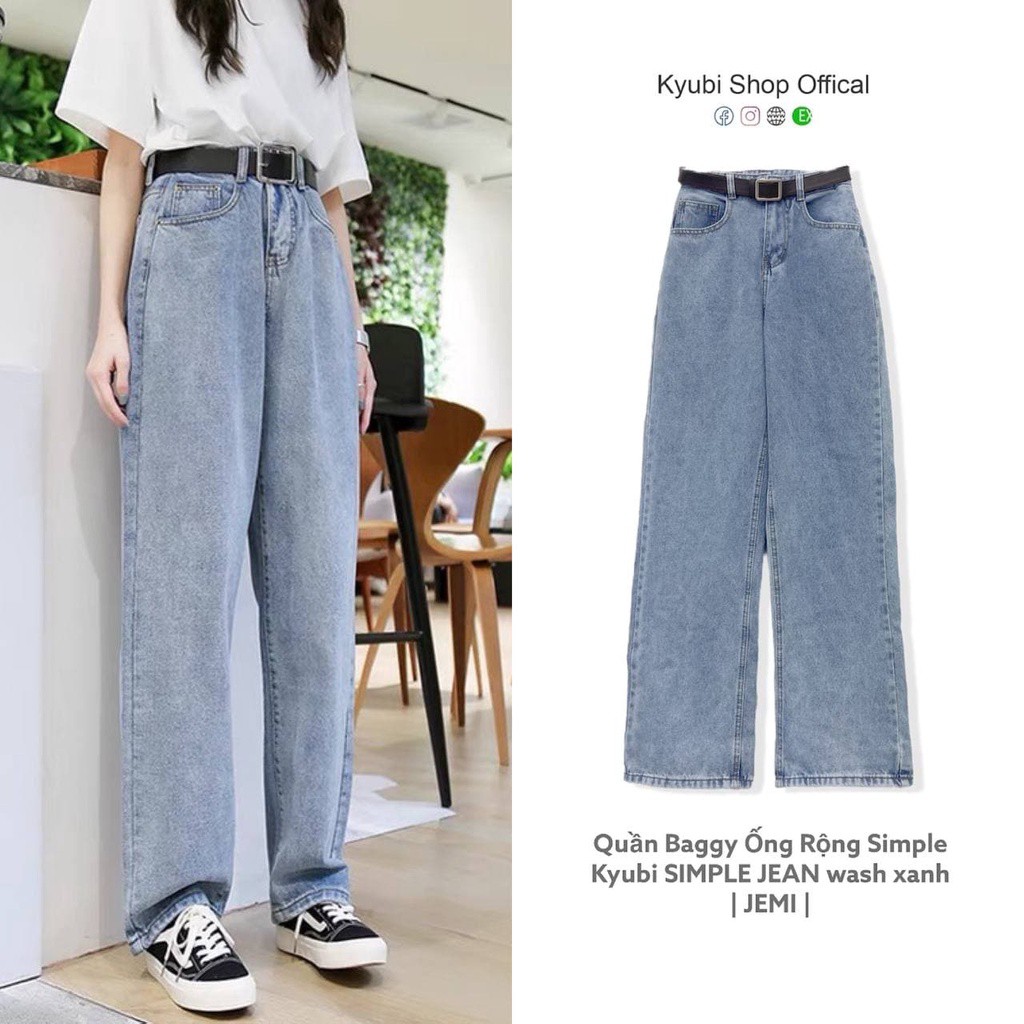 Quần Jean Ống Rộng Cạp Lưng Cao JEMI màu wash denim phong cách ulzzang baggy (Có Size Đại, Bigsize) - Kyubi Shop JEMI.1D