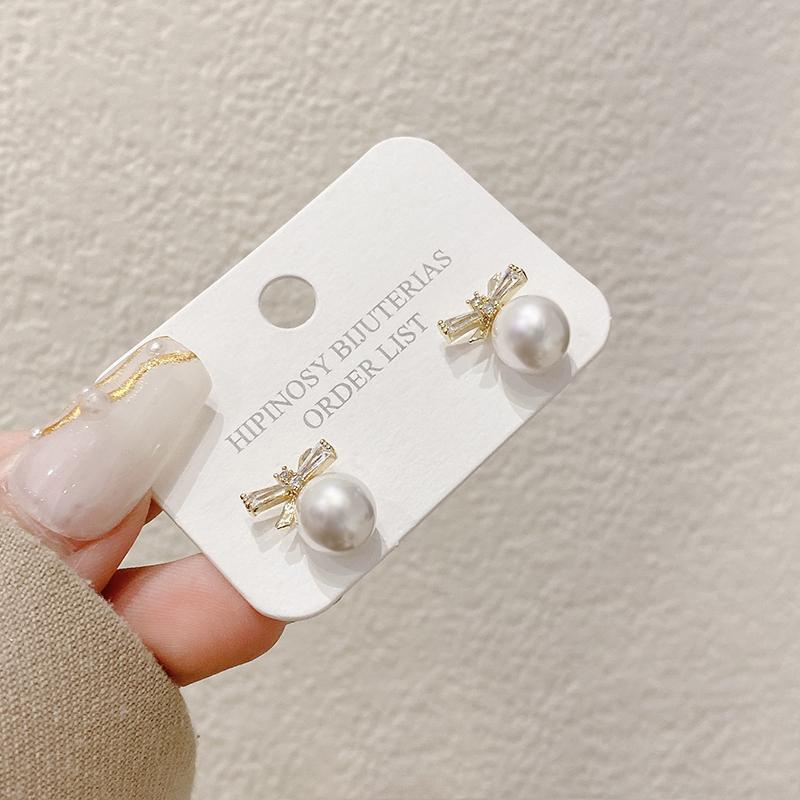 Bông tai hình nơ đính đá Zircon phối ngọc trai nhân tạo phong cách châu Âu thời trang mùa hè cho nữ