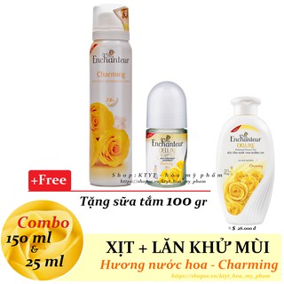 Enchanteur - [Combo] Xịt ngăn mùi toàn thân 150 ml + Lăn khử mùi 25 ml - Hương NH Charming ++ Tặng sữa tắm 100 gr