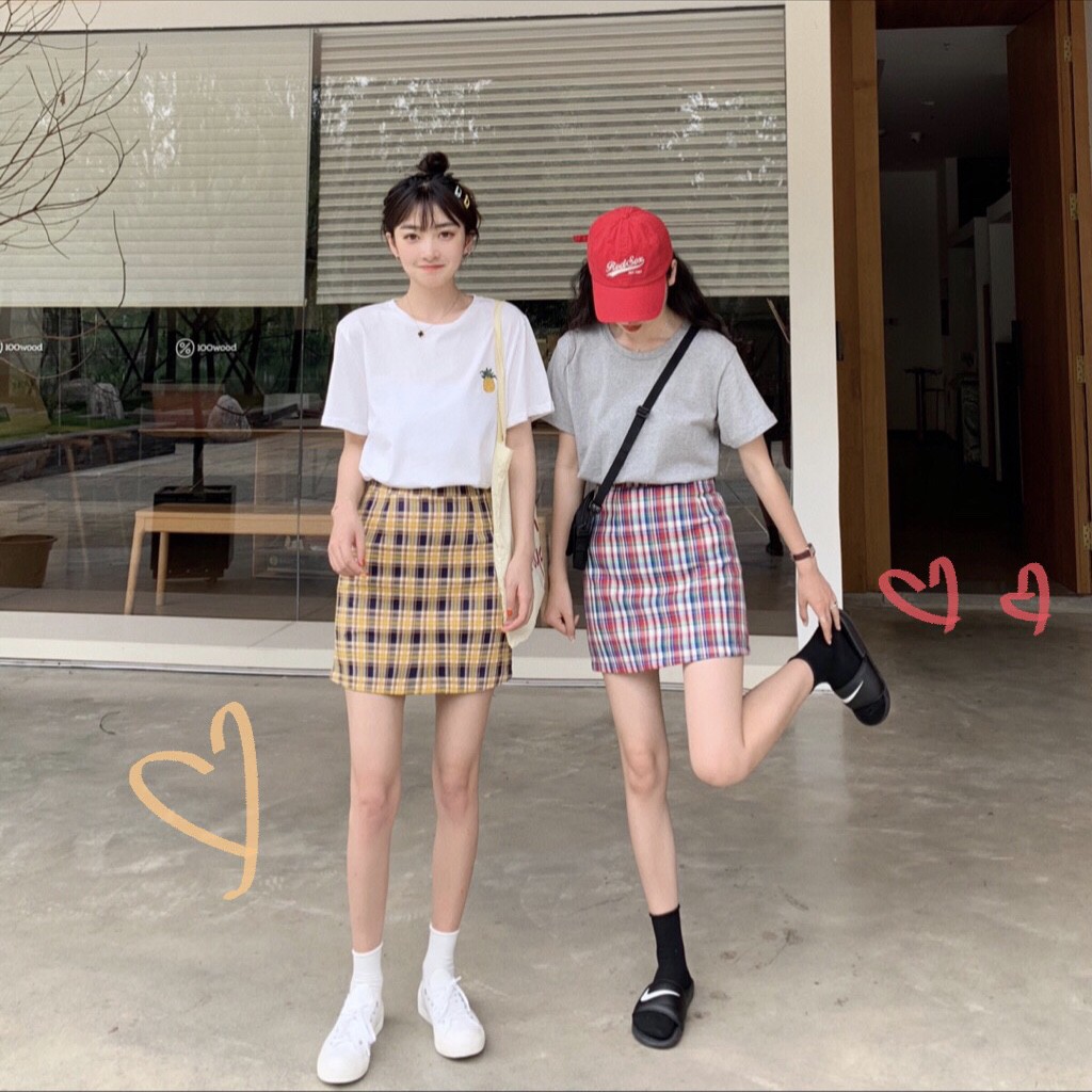 Chân Váy XIAOZHAINV Lưng Cao Họa Tiết Sọc Ca Rô Phong Cách Retro Trẻ Trung Thời Trang | BigBuy360 - bigbuy360.vn
