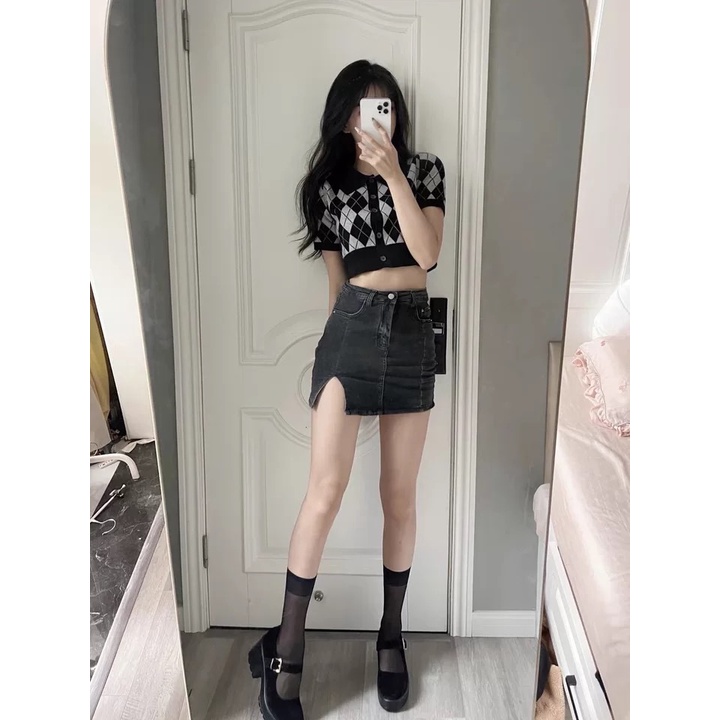 Áo khoác cardigan in caro tay dài cổ bẻ phong cách Hàn Quốc cho nữ