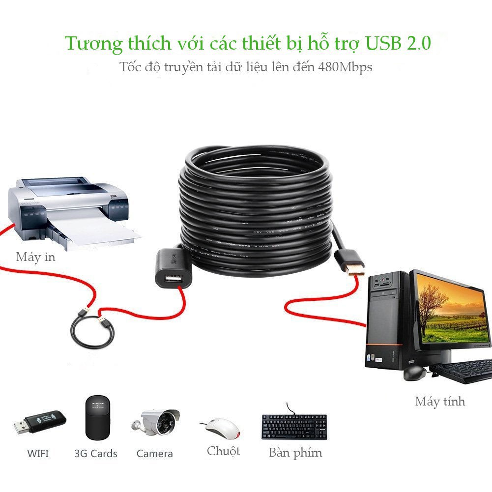 Cáp nối dài USB 2.0 15M chính hãng Ugreen 10323 mạ vàng, IC khuếch đại