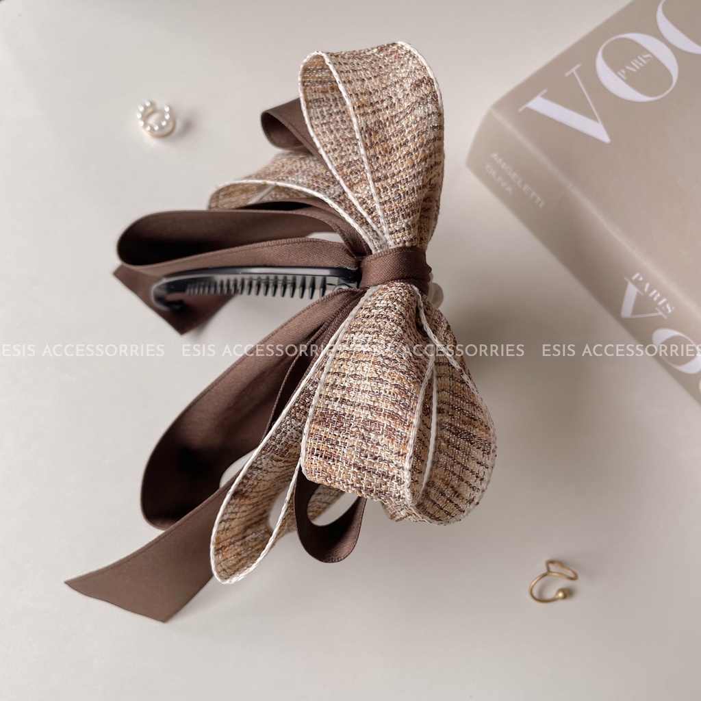 KẸP GẮP TÓC DỌC NỮ HÌNH NƠ, KẸP GẮP ĐỨNG VẢI DẠ HỌA TIẾT SỌC CARO HÀN QUỐC NỮ TÍNH ESIS ACCESSORIES