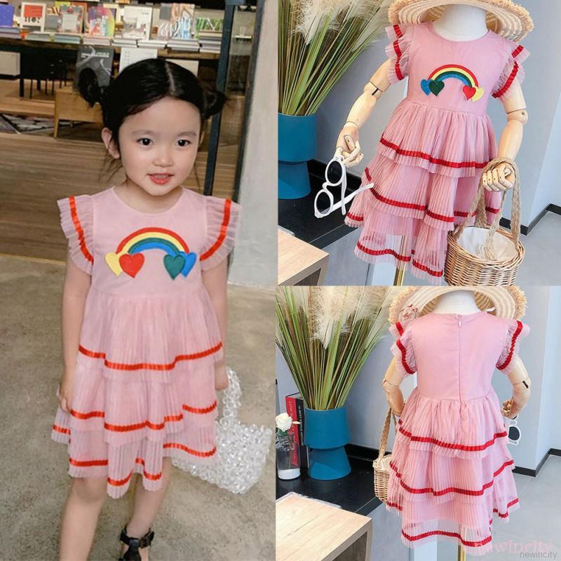 Đầm cho bé gái phối bèo thêu họa tiết cầu vồng xinh xắn