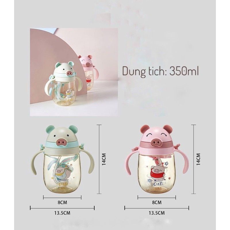 Bình Tập Uống Nước Có Van Chống Sặc Kèm Dây Đeo, Bình Heo 350ML