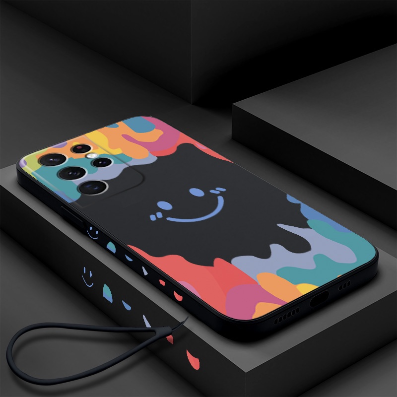 Ốp Điện Thoại Samsung S22 Ultra / S21 Ultra / Note20Ultra Silicon Mềm Hình Mặt Cười Có Dây Đeo Cho