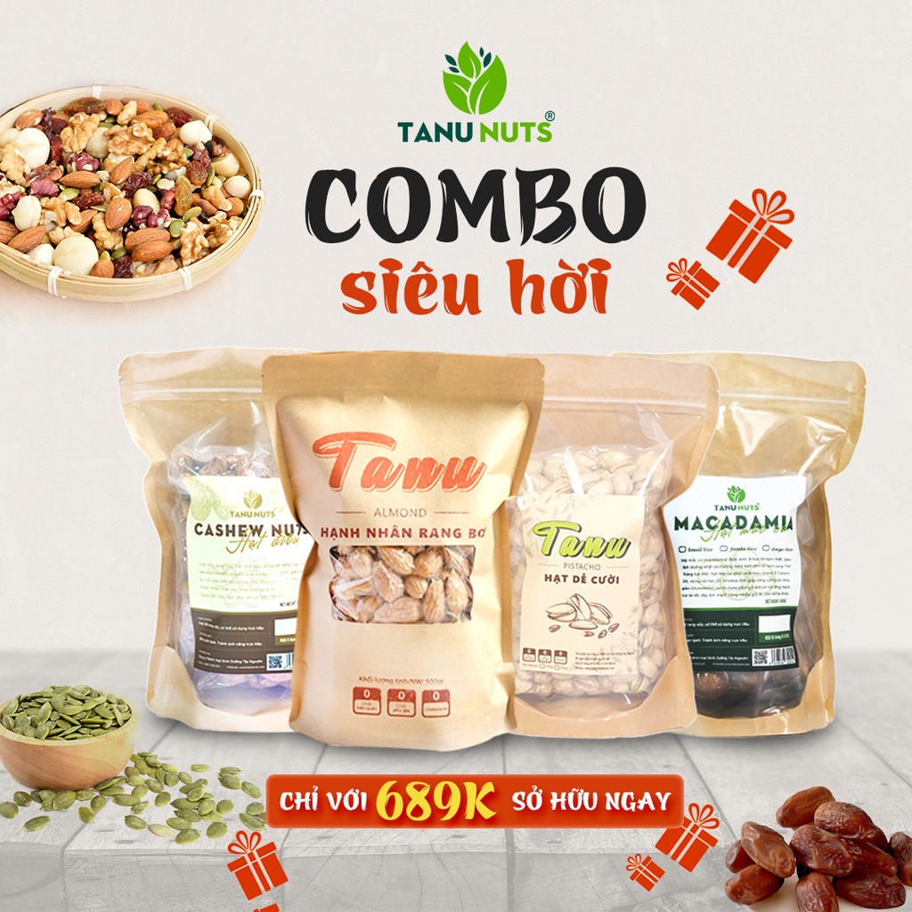 Combo siêu hời gồm hạt macca nứt vỏ, hạt điều nguyên vỏ, dẻ cười, hạt hạnh nhân rang bơ TANU NUTS