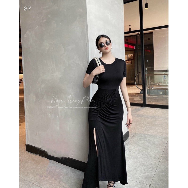 Đầm maxi body thun xẻ tà nhúng eo