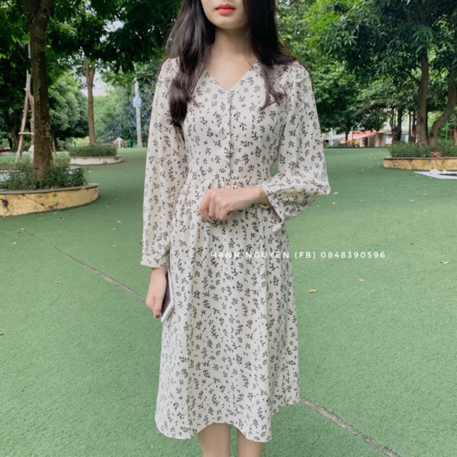 Váy hoa nhí vintage dài tay thu đông