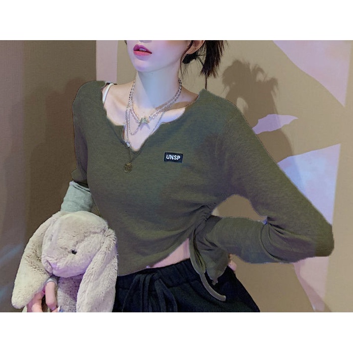 Áo Thun Dài Tay Cổ Chữ V Thiết Kế Dây Rút Phong Cách Phương Tây Mới Cho Nữ