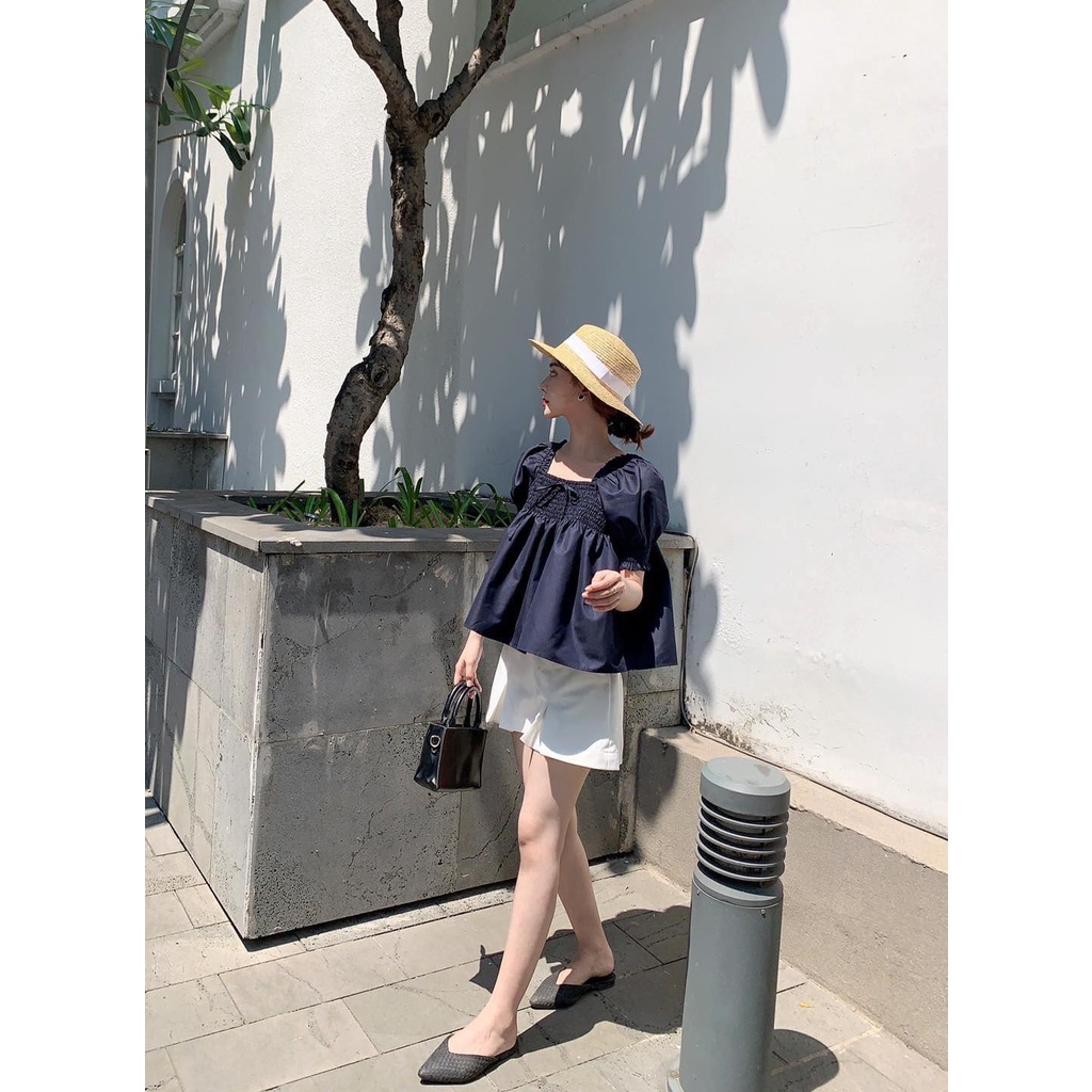 TUBYCATU | Áo off shouder xanh đen chạy thun