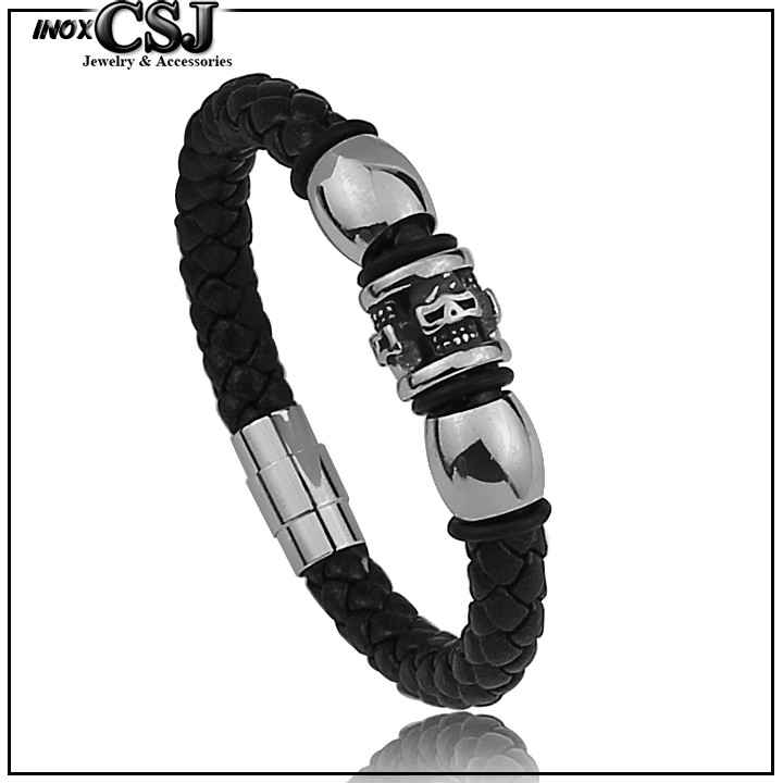 vòng tay da xịn khóa inox vip kiểu đầu lâu siêu ngầu - 03 mẫu