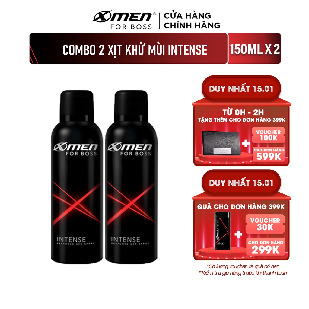[Mã COSMEN giảm 8% đơn 250K] Combo 2 Xịt khử mùi X-Men For Boss Intense - Mùi hương trầm đầy nội lực 150ml/chai