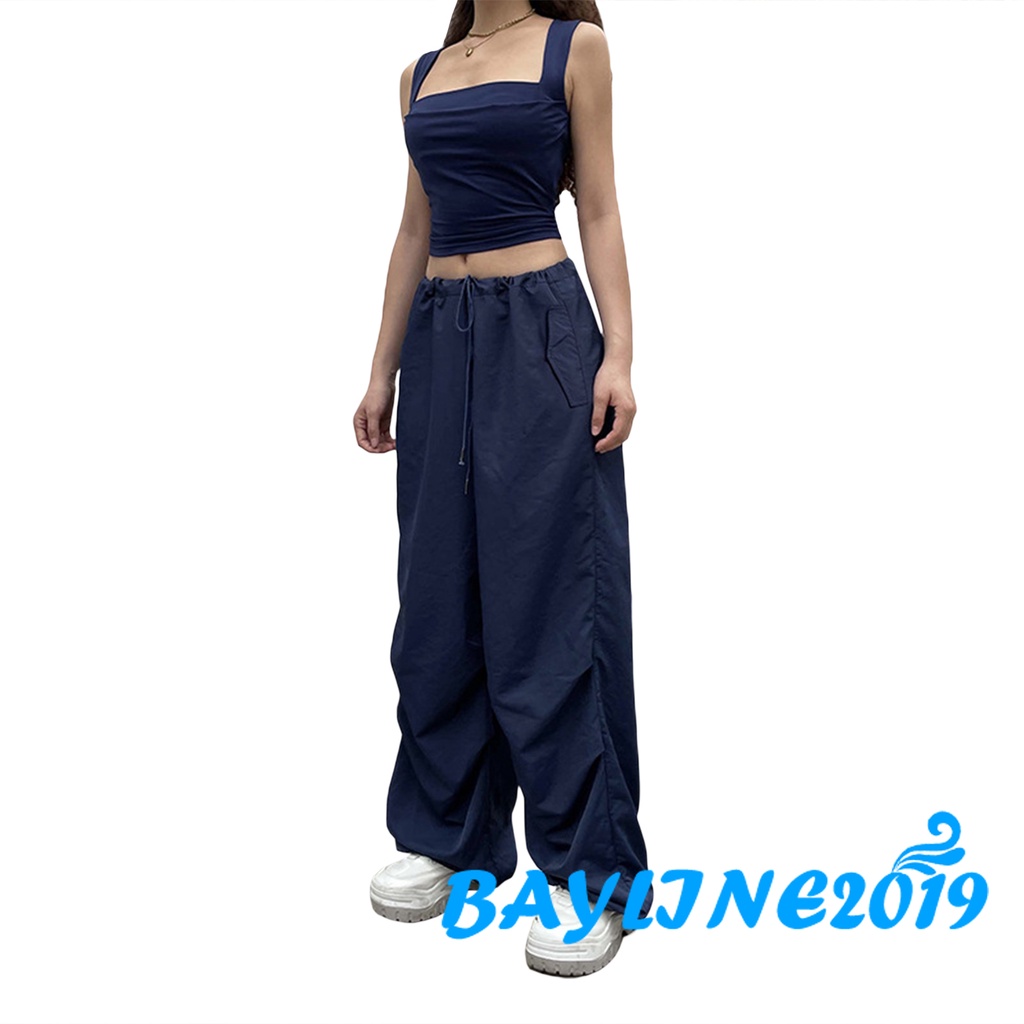 Quần ống rộng Lưng Thun Phối Dây Rút Co Giãn Màu Trơn Phong Cách Đường Phố Y2K Dành Cho Nữ