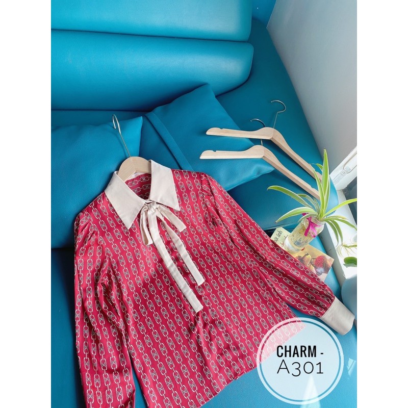 Áo sơ mi phối họa tiết cổ đức công sở lụa mềm A301