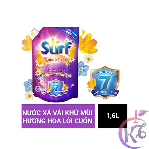 Nước xả vải Surf túi 1.6 lít hương cỏ hoa lôi cuốn thơm mát dài lâu, khử khuẩn 7 loại mùi khó chịu (Tím)