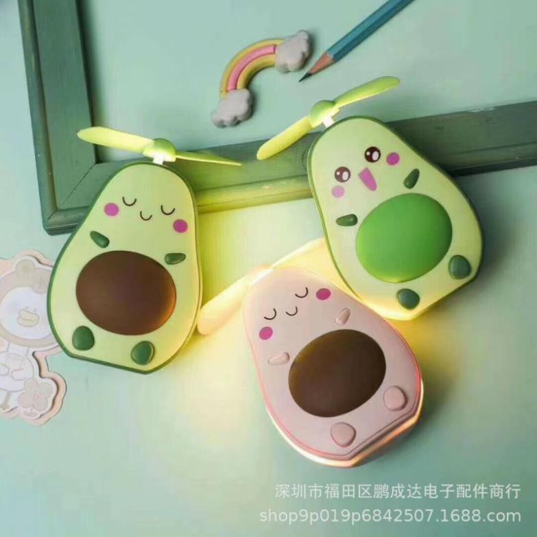 Quạt Cầm Tay Hình Quả Bơ, Quả Bơ 3in1 gồm Gương, Đèn Kèm Cáp Sạc