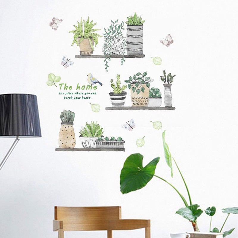 Nhãn dán tường kiểu chậu cây dễ thương trang trí phòng cỡ 90*30 cm