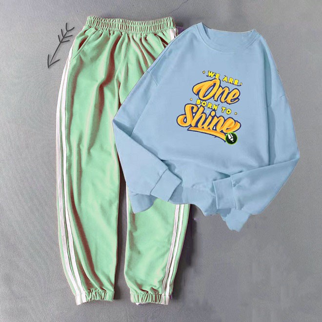 Bộ Quần Áo Nữ Dài Tay Đẹp Giá Rẻ, Gồm Áo Nỉ Da Cá Màu Xanh In Chữ ONE SHINE Kèm Quần Hai Sọc Bo Chun Gấu | BigBuy360 - bigbuy360.vn
