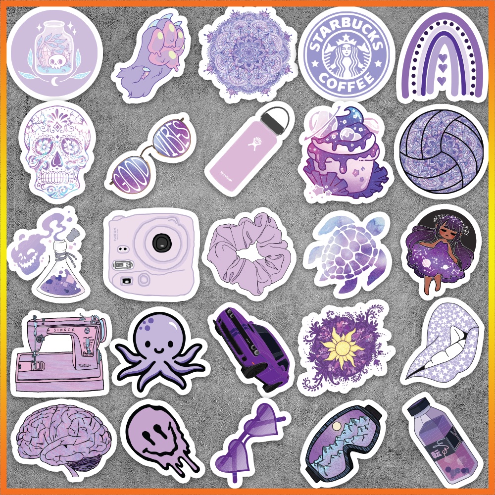 Set 50 cái Sticker màu Tím dán mũ bảo hiểm, hình dán Purple chống nước, decal màu Tím trang trí laptop, điện thoại