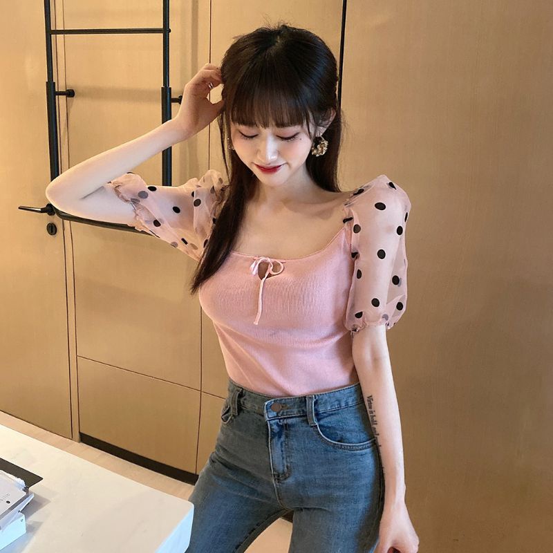 Áo Croptop Trễ Vai Tay Phồng Phối Lưới Họa Tiết Chấm Bi Phong Cách Quyến Rũ