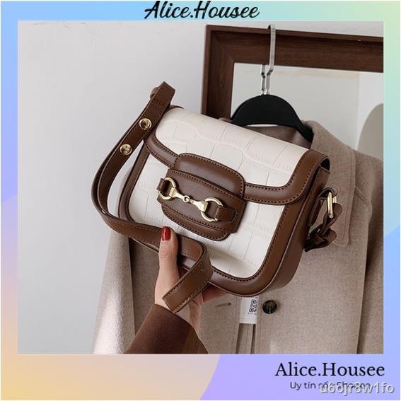 💕AOHUI💕Túi đeo chéo nữ Alicehousee túi xách nữ đeo vai da PU vân khóa chữ H bản to sang chảnh