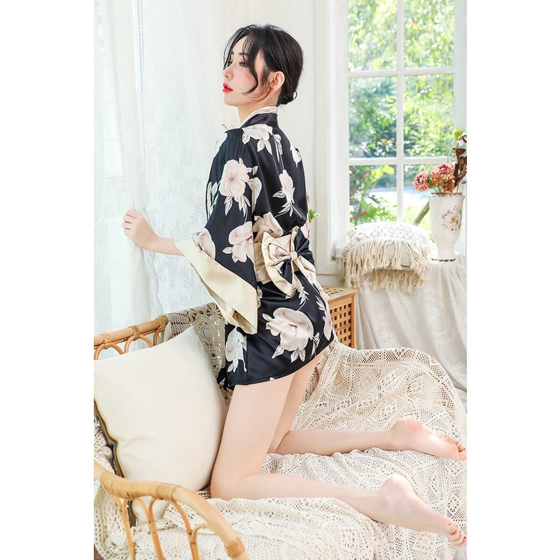 Đồ ngủ sexy áo choàng kimono đen hoa mềm mại đầm ngủ gợi cảm quyến rũ 1570