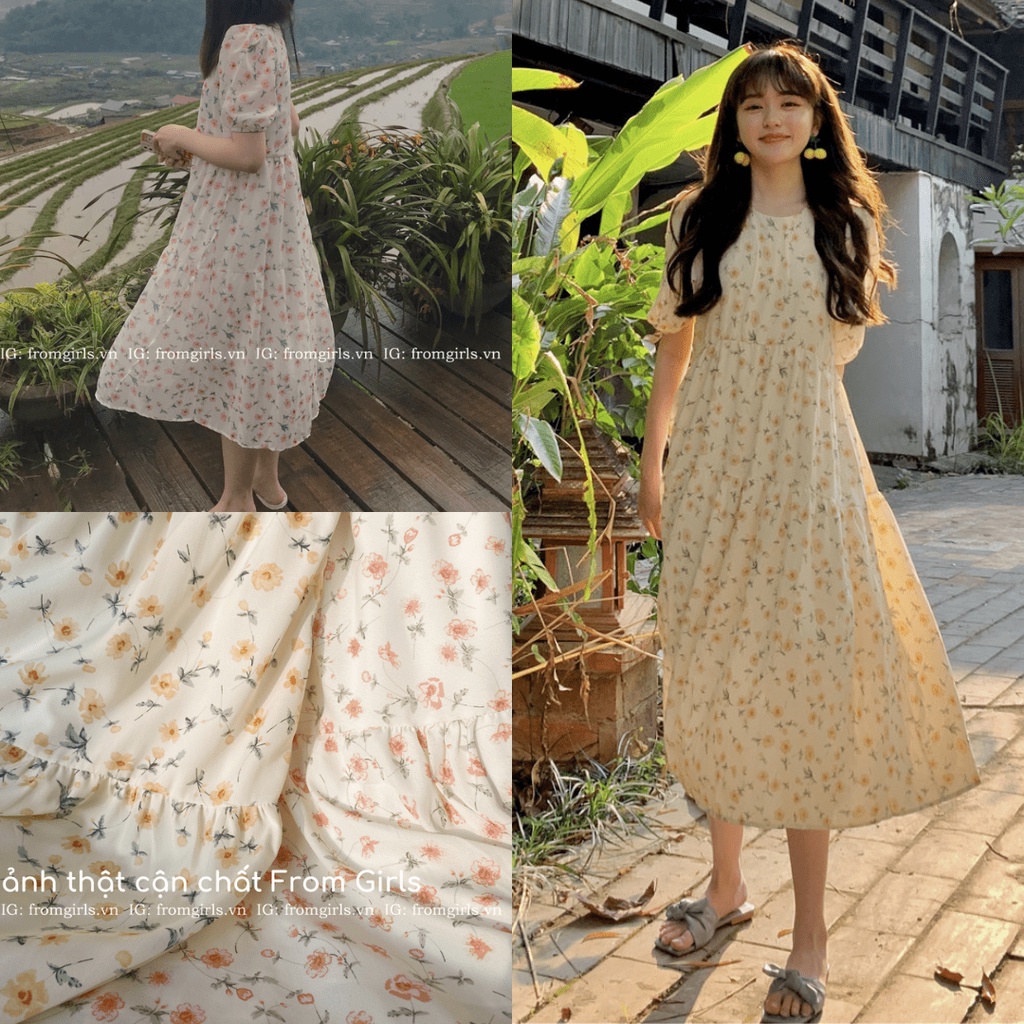Đầm maxi hoa nhí tay phồng, Váy babydoll hoa nhí ulzzang (có ảnh thật) - V45FG