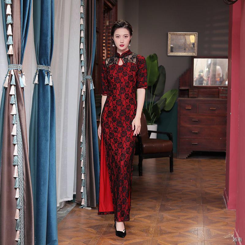 ▼☍Đêm Thượng Hải cổ điển sàn diễn thời trang dài tay áo ren sườn xám biểu trên sân khấu cải tiến khe cao thanh l