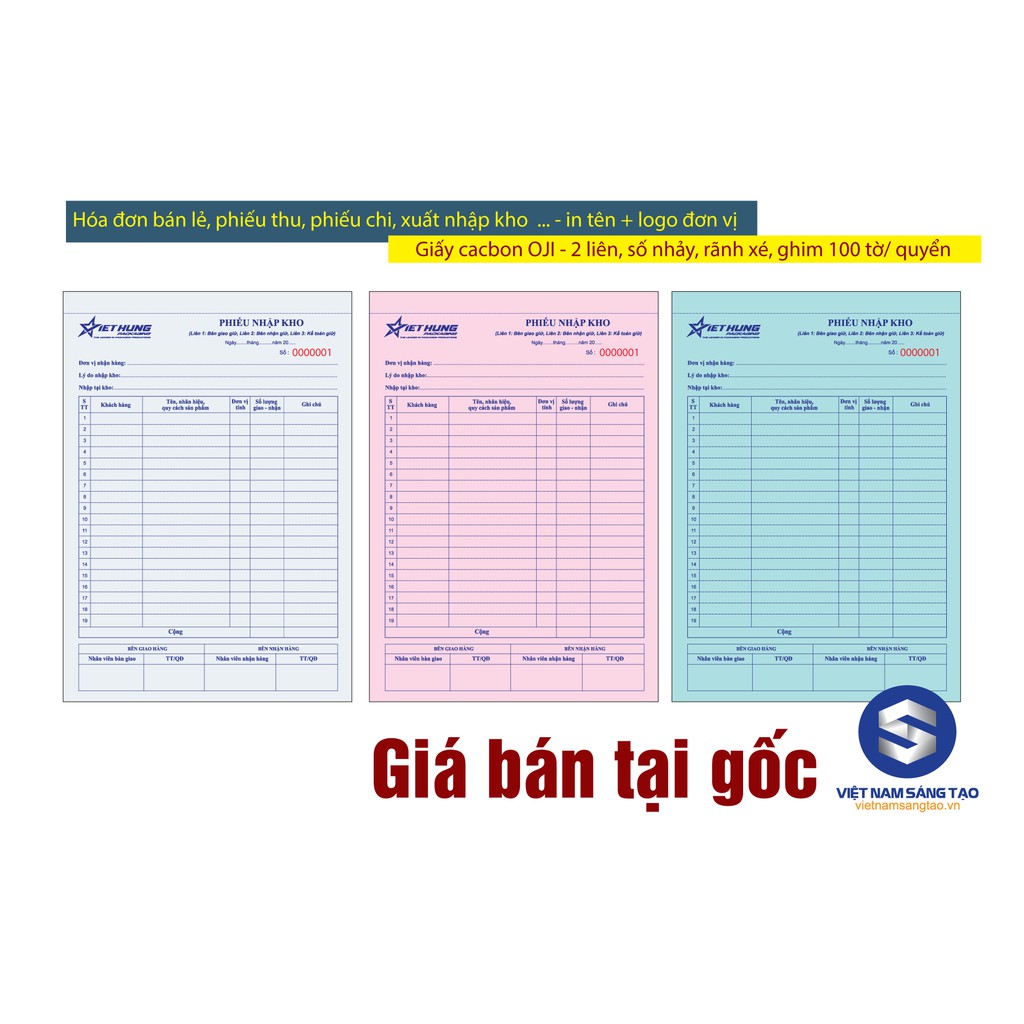Hóa đơn bán lẻ giấy các bon 3 liên A5, số nhảy, rãnh xé, in tên, logo theo yêu cầu, giá gốc tại xưởng
