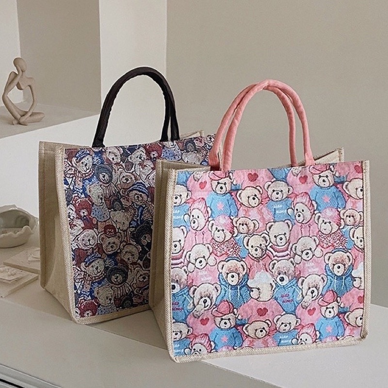 Túi cói mẫu gấu phong cách vintage, túi xách nữ đi du lịch, đi biển, đi làm