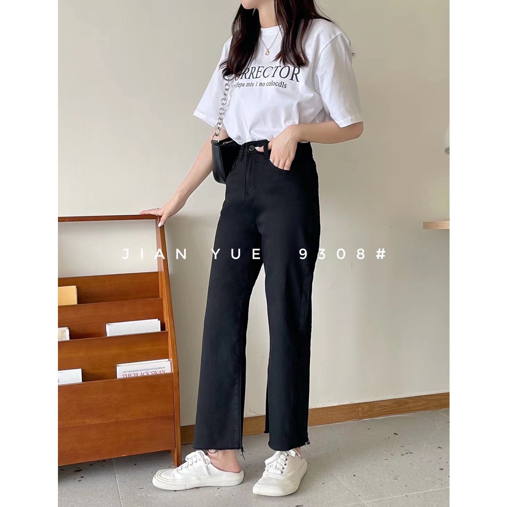 QB9308 QUẦN SUÔNG JEAN ĐEN TRƠN CO GIÃN