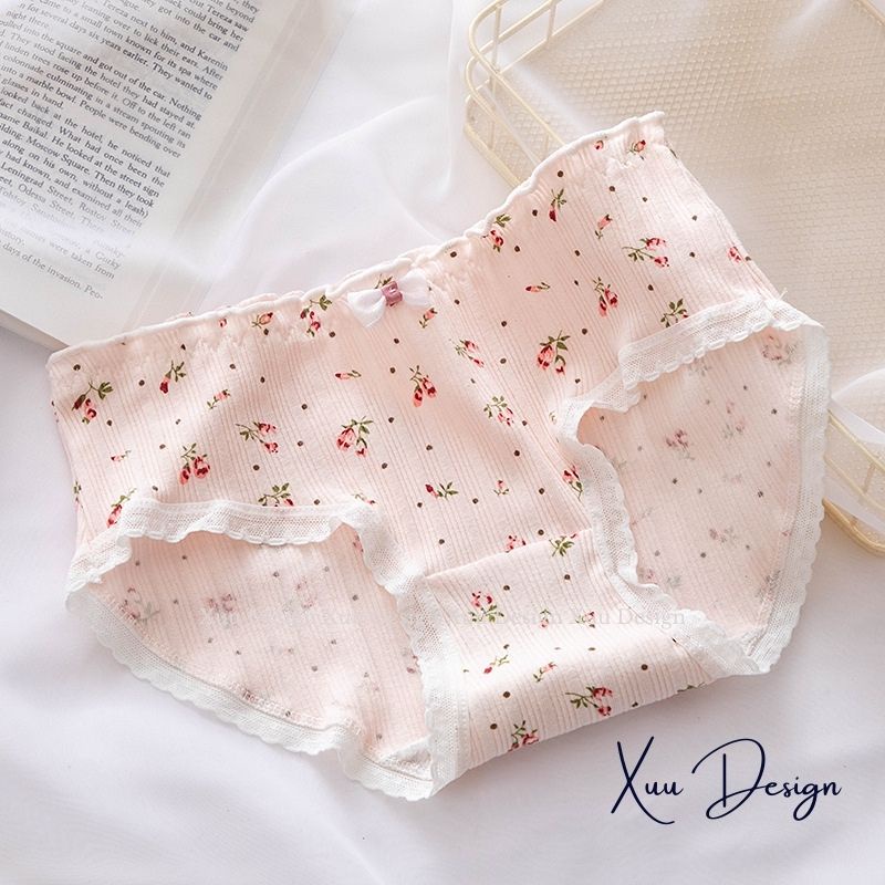 Quần lót Cotton họa tiết hoa nhí dễ thương, chất liệu kẻ gân tăm siêu co dãn thoáng khí - Wexuu Design QC95